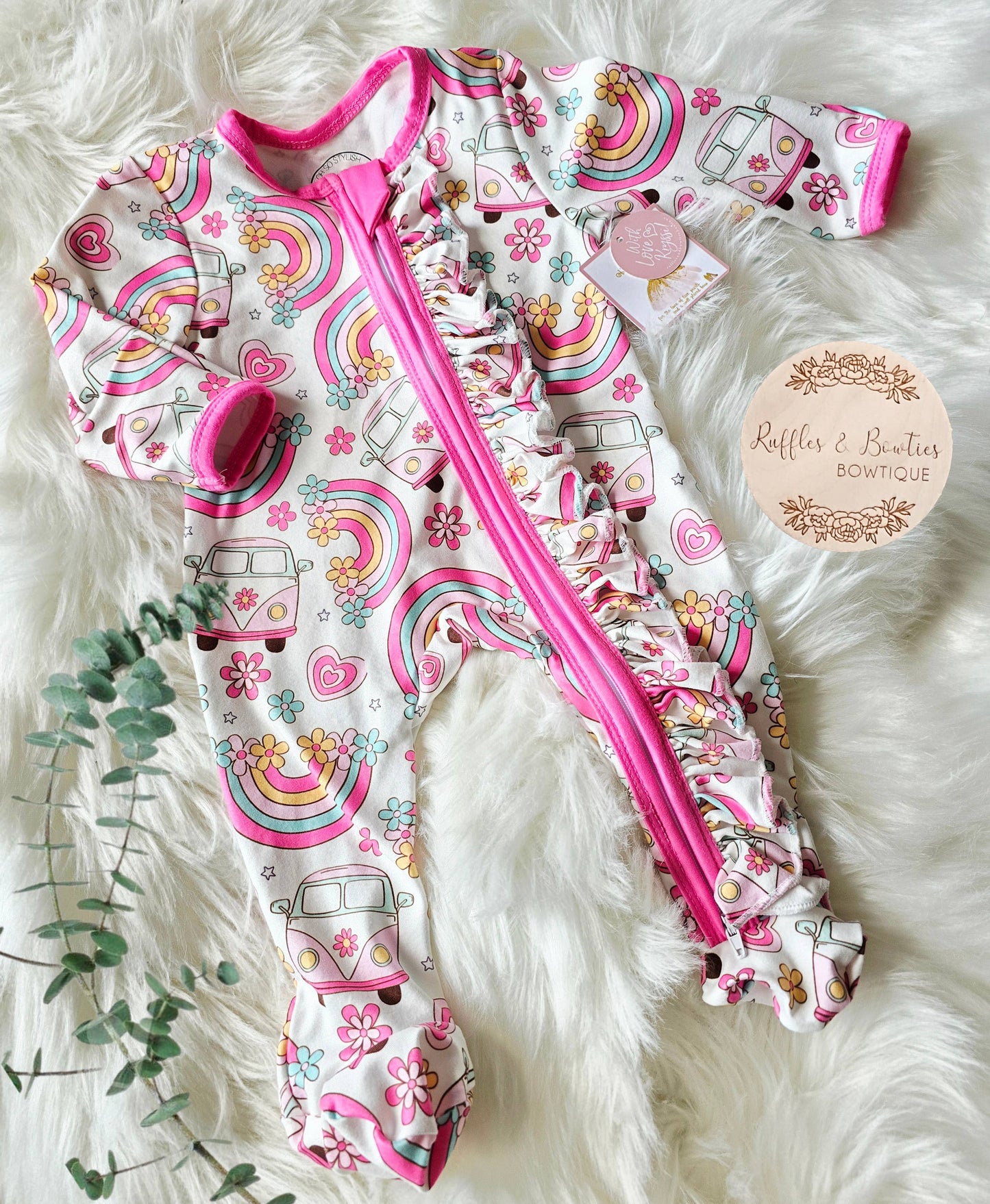 Baby Girls Sleeper Jumpsuit - Hippie Van & Rainbow